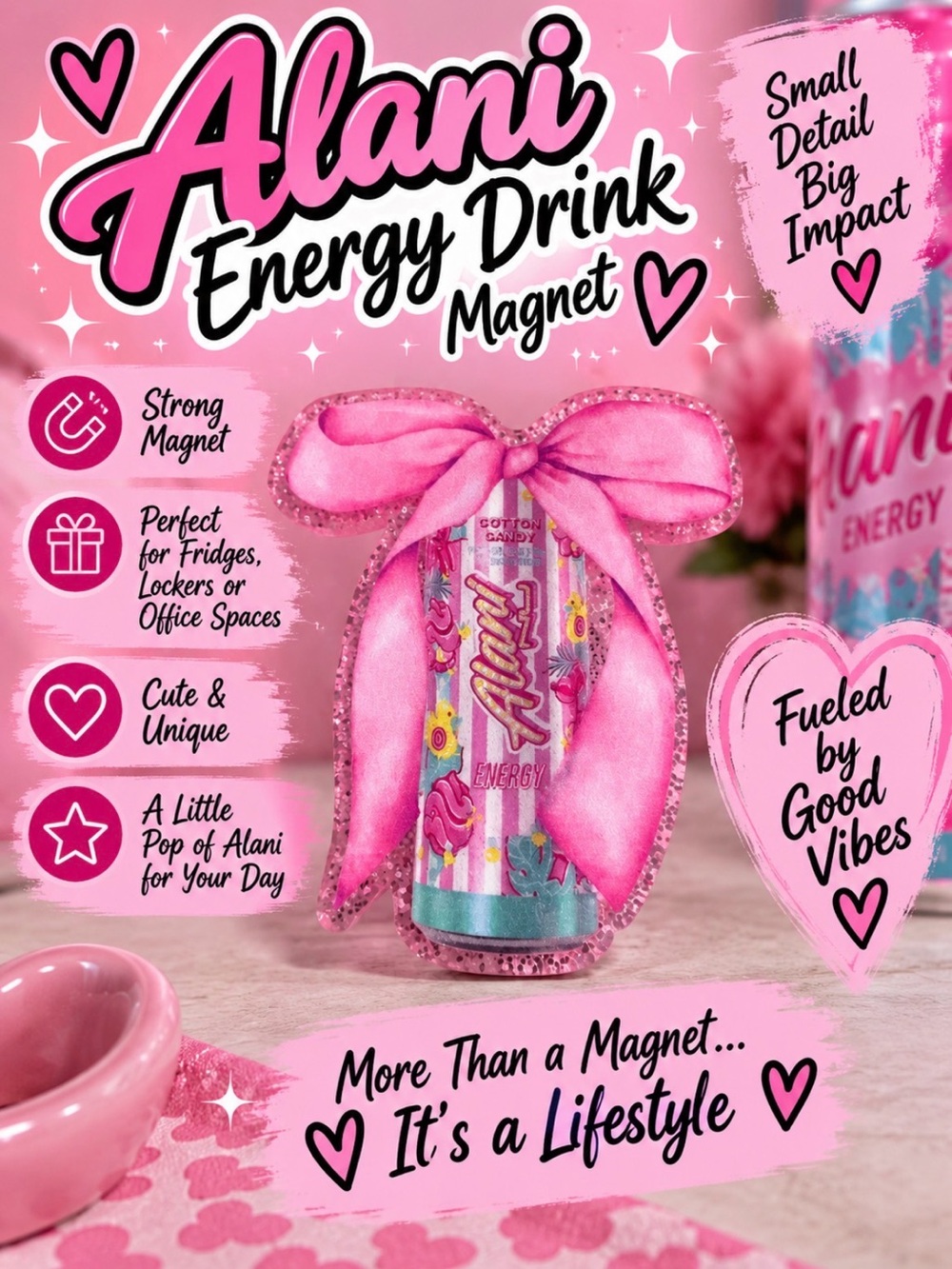 Alani Pink Energy Drink Decorative Magnet with Bow Accent